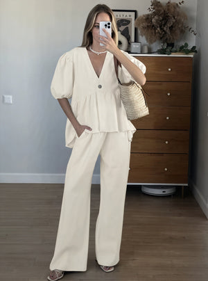 Vela Official Conjunto Dos Piezas Mujer – Lino Cuello V, Mangas Abullonadas, Pantalón Ancho S-XL-83274-fe2346f5-5339-486d-bede-aa530dbdcdb2