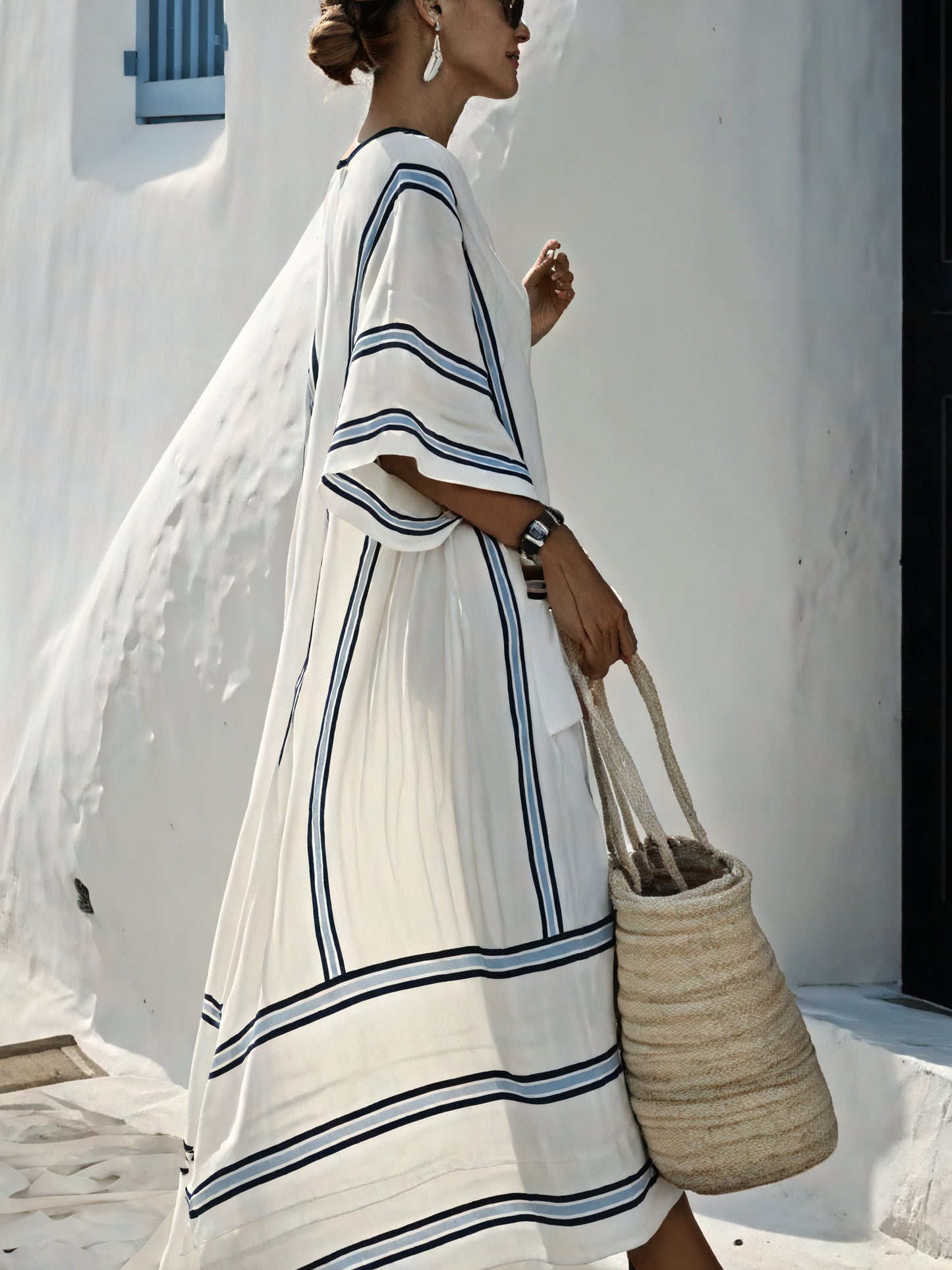 Vela Official Women's Dress – White Blue Stripe, V-Neck, Pockets, Loose Fit, Lightweight-83285-d89508b3-a61d-4281-94ee-580c7952188d