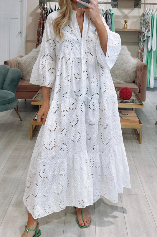 Vela Official Vestido Ojalillo Mujer – Escote V, Manga 3/4, Botones Frontales-83323-b92fdffe-33c0-43cb-adb1-6946990ffda0