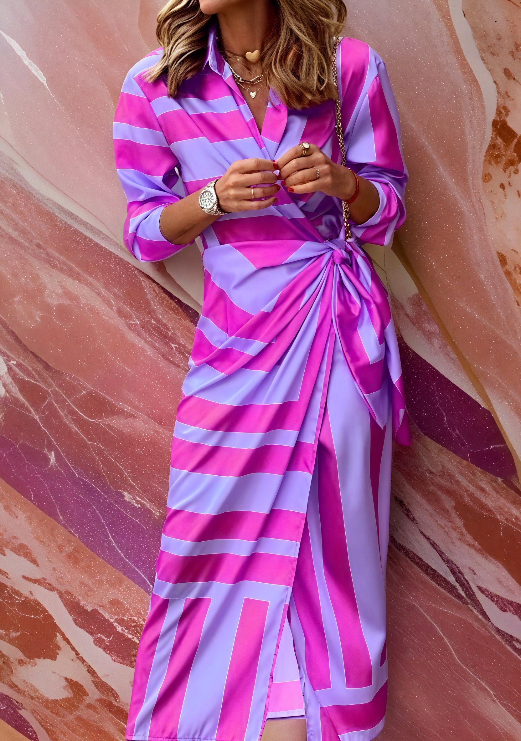 Vestido Cruzado de Mujer – Manga Larga, Rayas, Ajuste Adaptable-83361-daf42107-c244-47f8-9553-09bd93602385