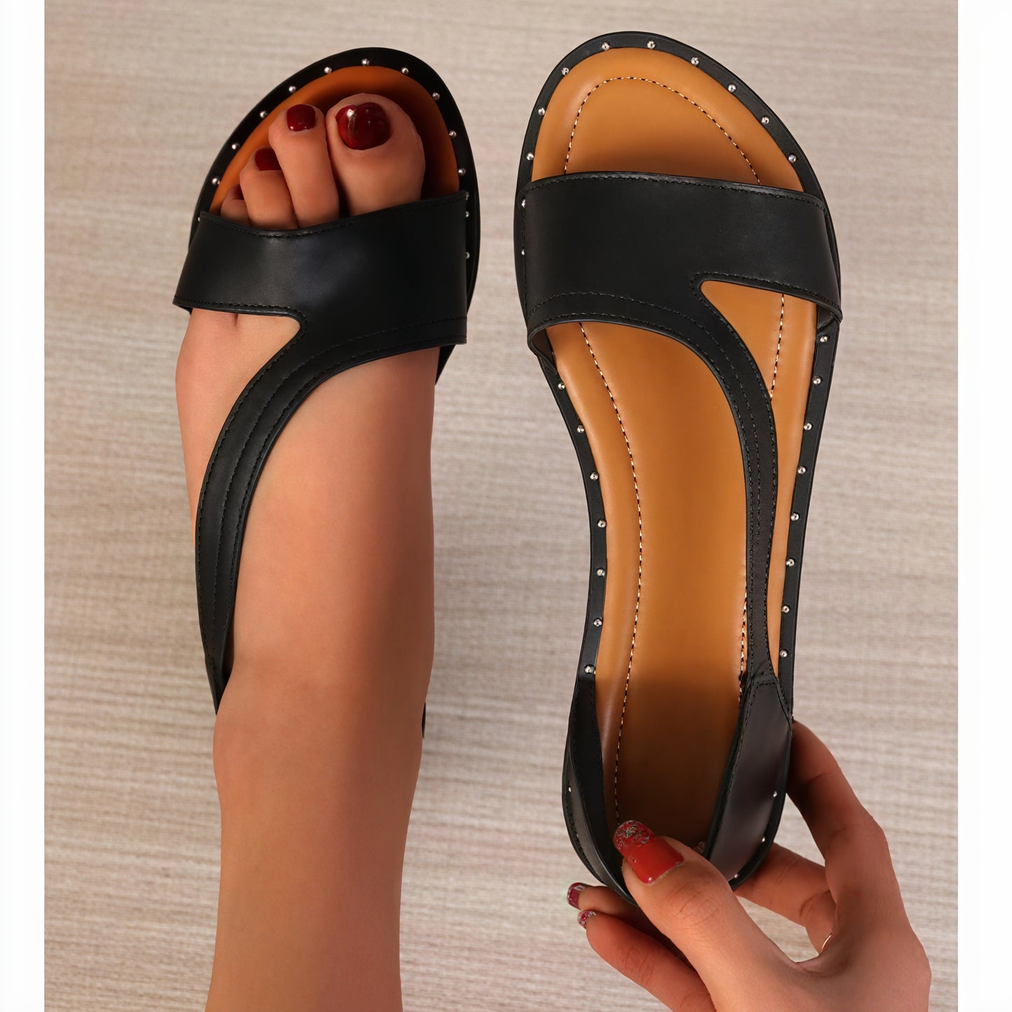 Sandalias Planas Blancas Mujer con Tachuelas, Punta Abierta-83369-b829666c-4498-494c-812b-7c031c3aa2ef