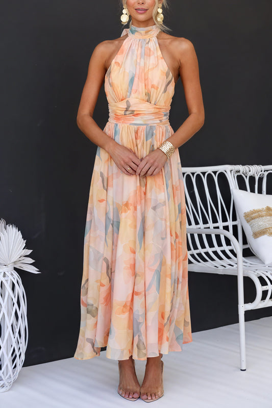 Vestido Maxi para Mujer – Estampado Floral, Cuello Halter, Lazo en Cintura, Tejido Ligero-83370-0500792e-6689-4f3d-9cf8-11723eabc100