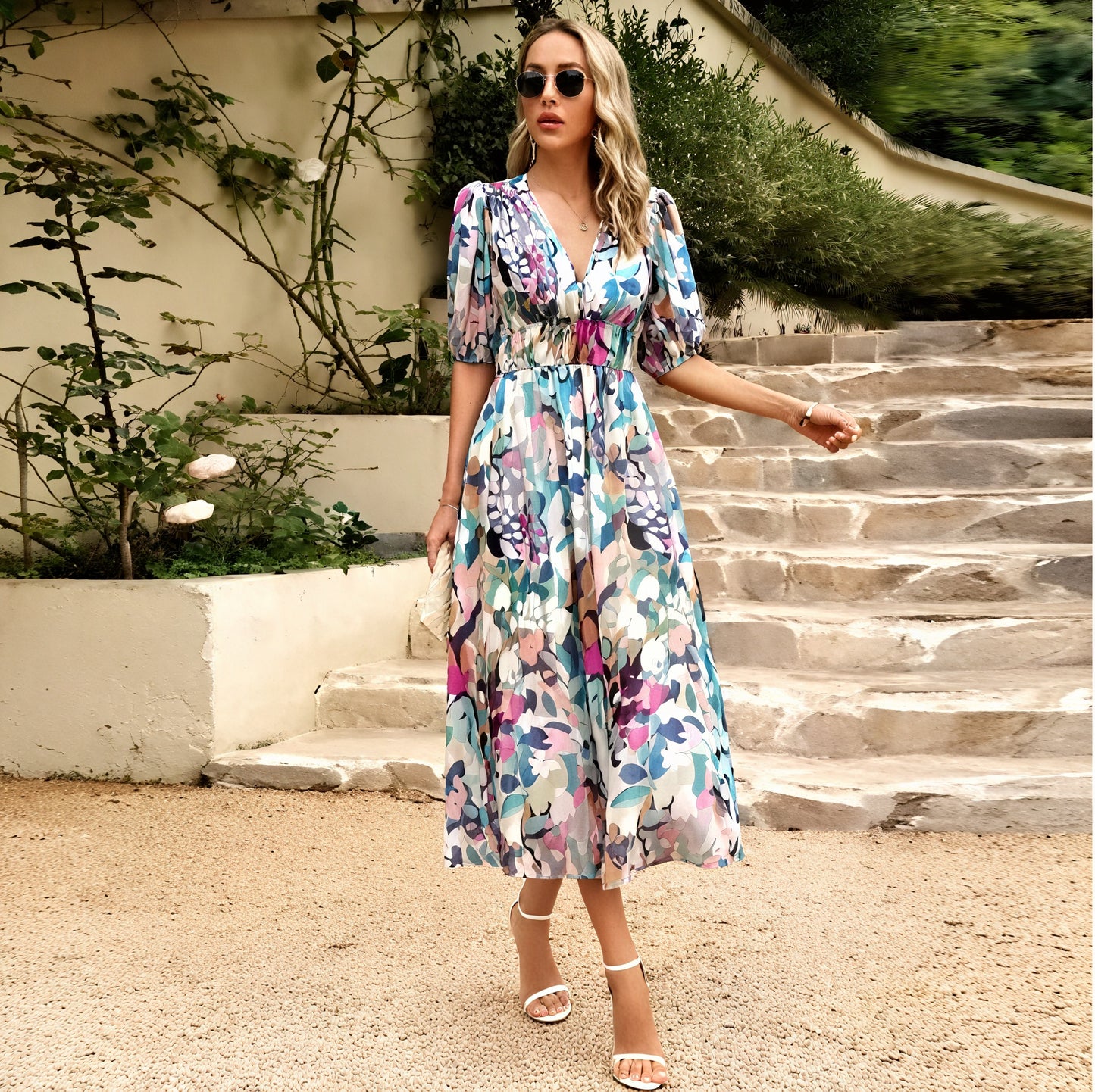Vestido Midi Floral para Mujer – Escote V, Mangas Cortas, Silueta Fluida, Vela Official-83546-b193803f-d1b8-4c86-b8a6-40908597ad22