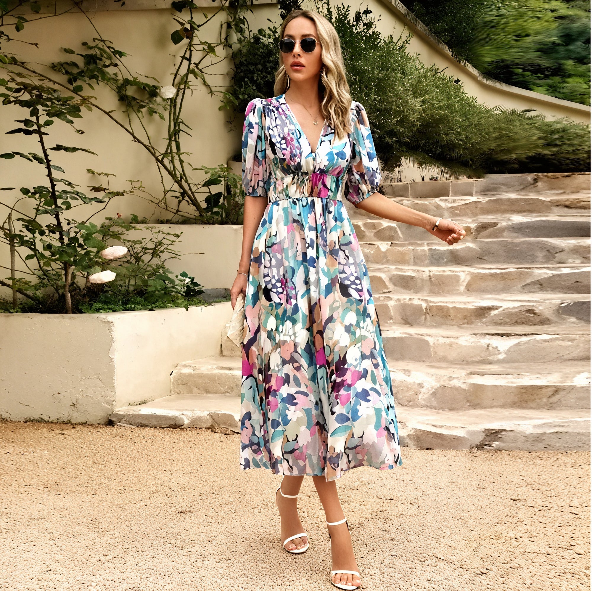 Vestido Midi Floral para Mujer – Escote V, Mangas Cortas, Silueta Fluida, Vela Official-83546-b193803f-d1b8-4c86-b8a6-40908597ad22