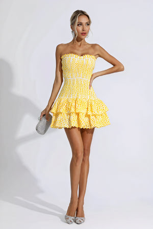 Vestido Mini Amarillo Mujer – Estampado, Sin Tirantes, Escote Volantes Fruncido-83597-16fb1ad5-8ea5-4c6c-883d-e9a275bfdf65