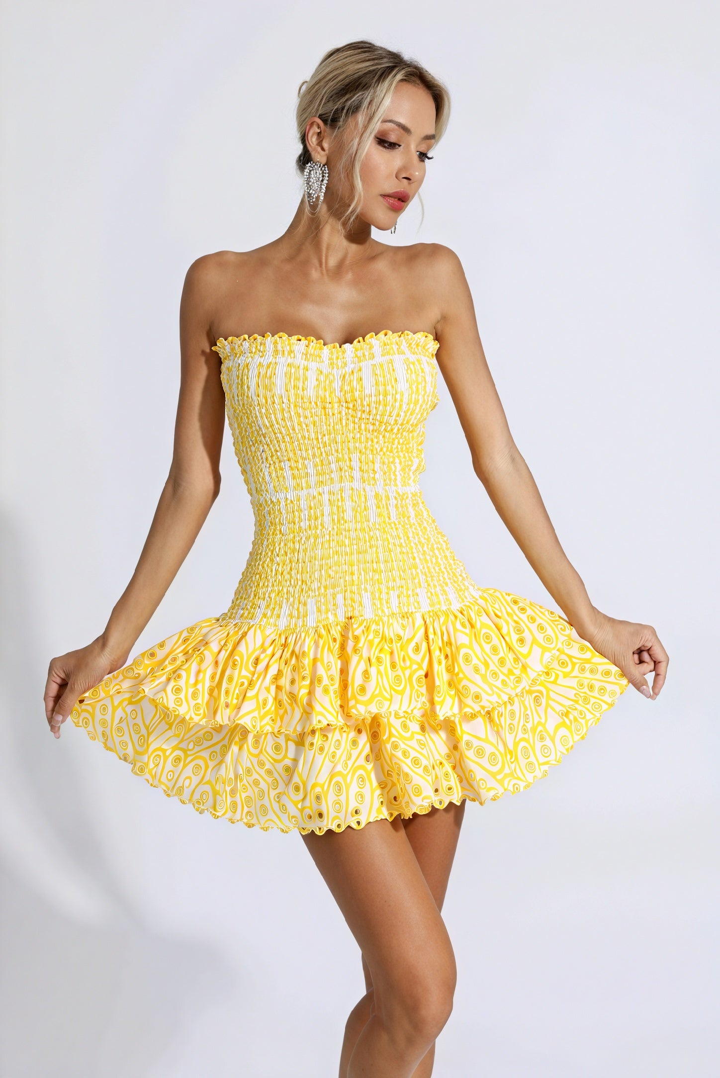 Vestido Mini Amarillo Mujer – Estampado, Sin Tirantes, Escote Volantes Fruncido-83597-8ee10531-3403-4339-aefe-a918a41a09b3