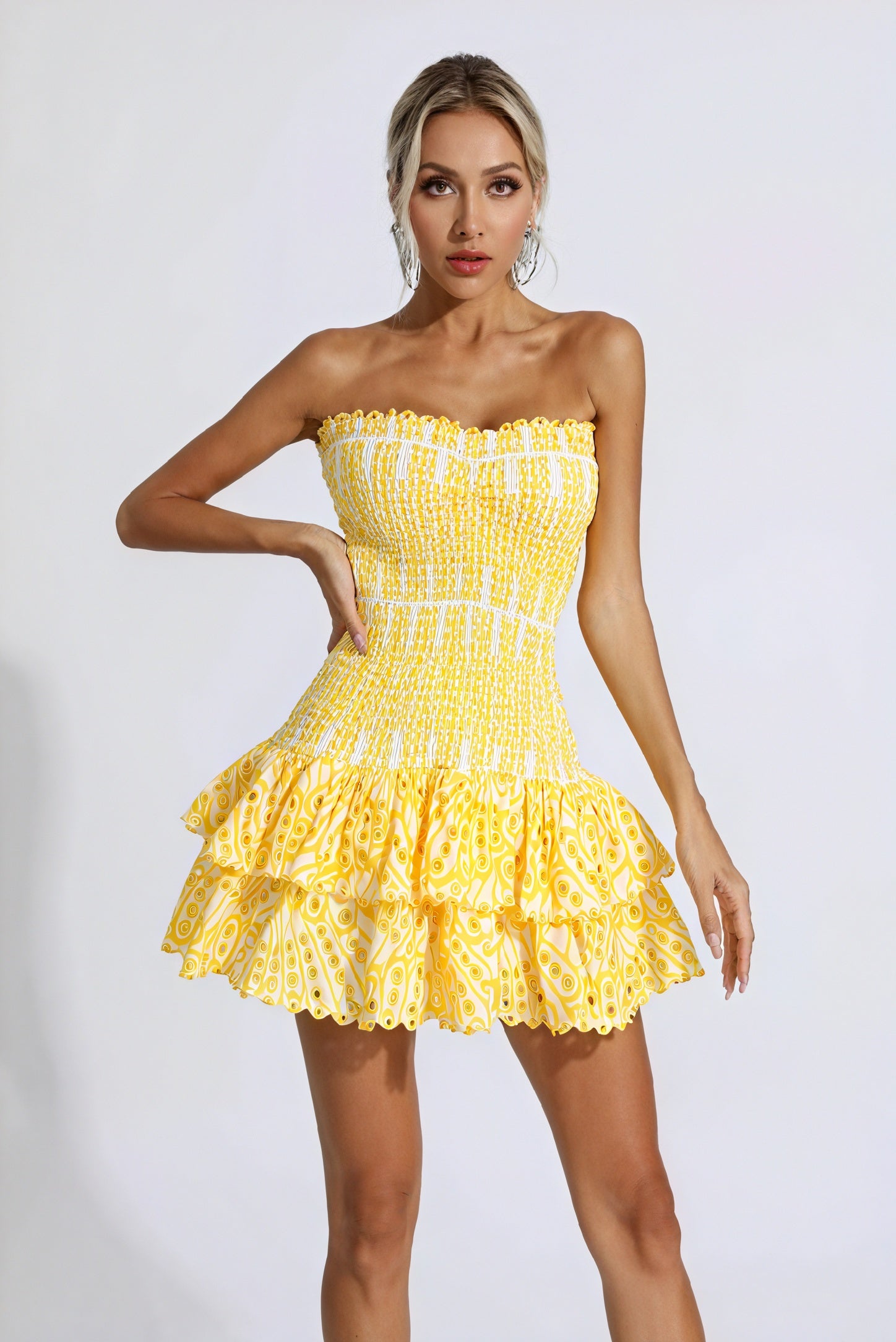 Vestido Mini Amarillo Mujer – Estampado, Sin Tirantes, Escote Volantes Fruncido-83597-ed252179-6693-4aff-aaeb-bc86831e4be4