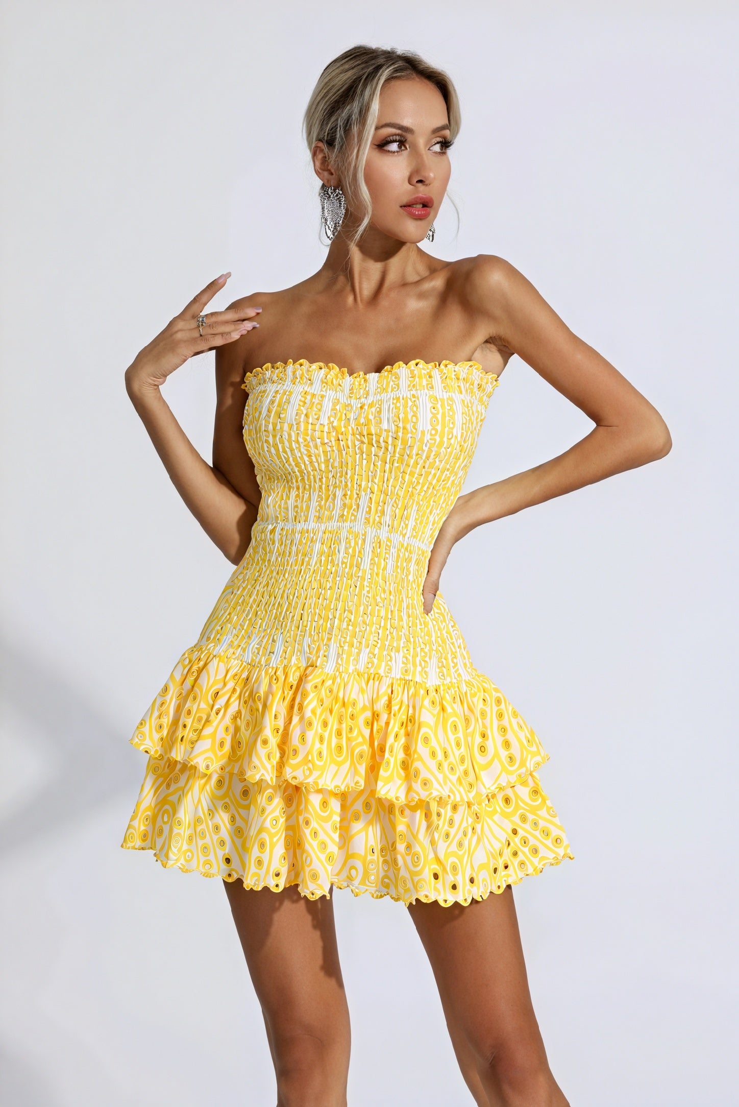 Vestido Mini Amarillo Mujer – Estampado, Sin Tirantes, Escote Volantes Fruncido-83597-64679c6f-8fa6-4d07-af3b-edb4f9a3abdd
