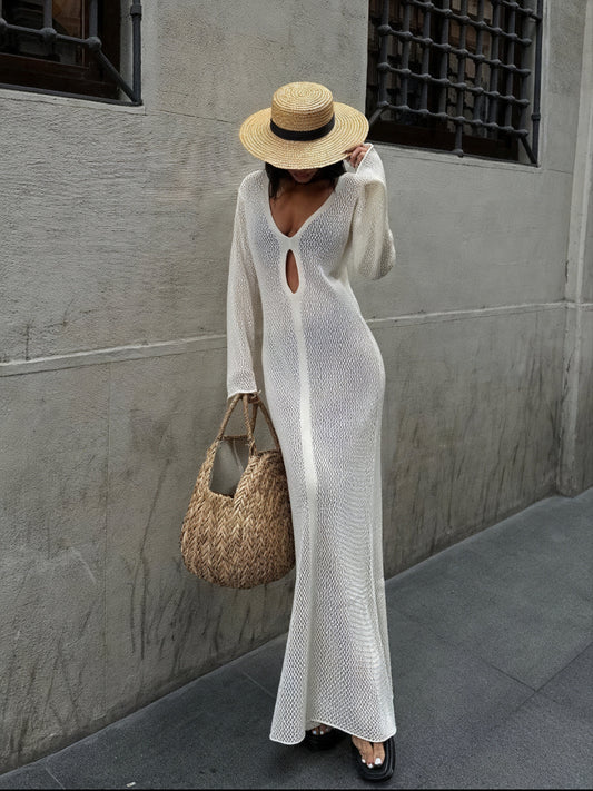 Vestido Maxi Tejido Transparente Manga Larga con Cut-out para Mujer, Estilo Playero Sofisticado, Vela Official-83803-7e5af83c-eb55-4564-92eb-d8b565d9032b