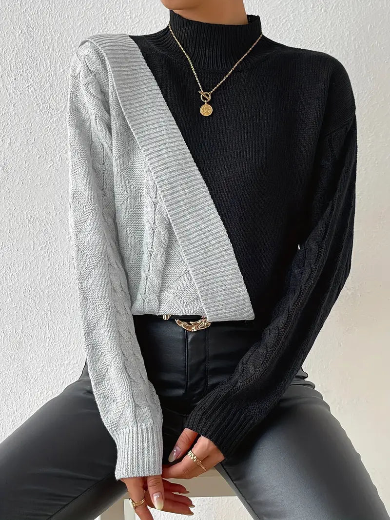 Jersey de Mujer Cuello Alto Bloques de Color Punto Trenzado Moderno-54586-b1c5e7a2-7e02-452a-98eb-a706d10e37da