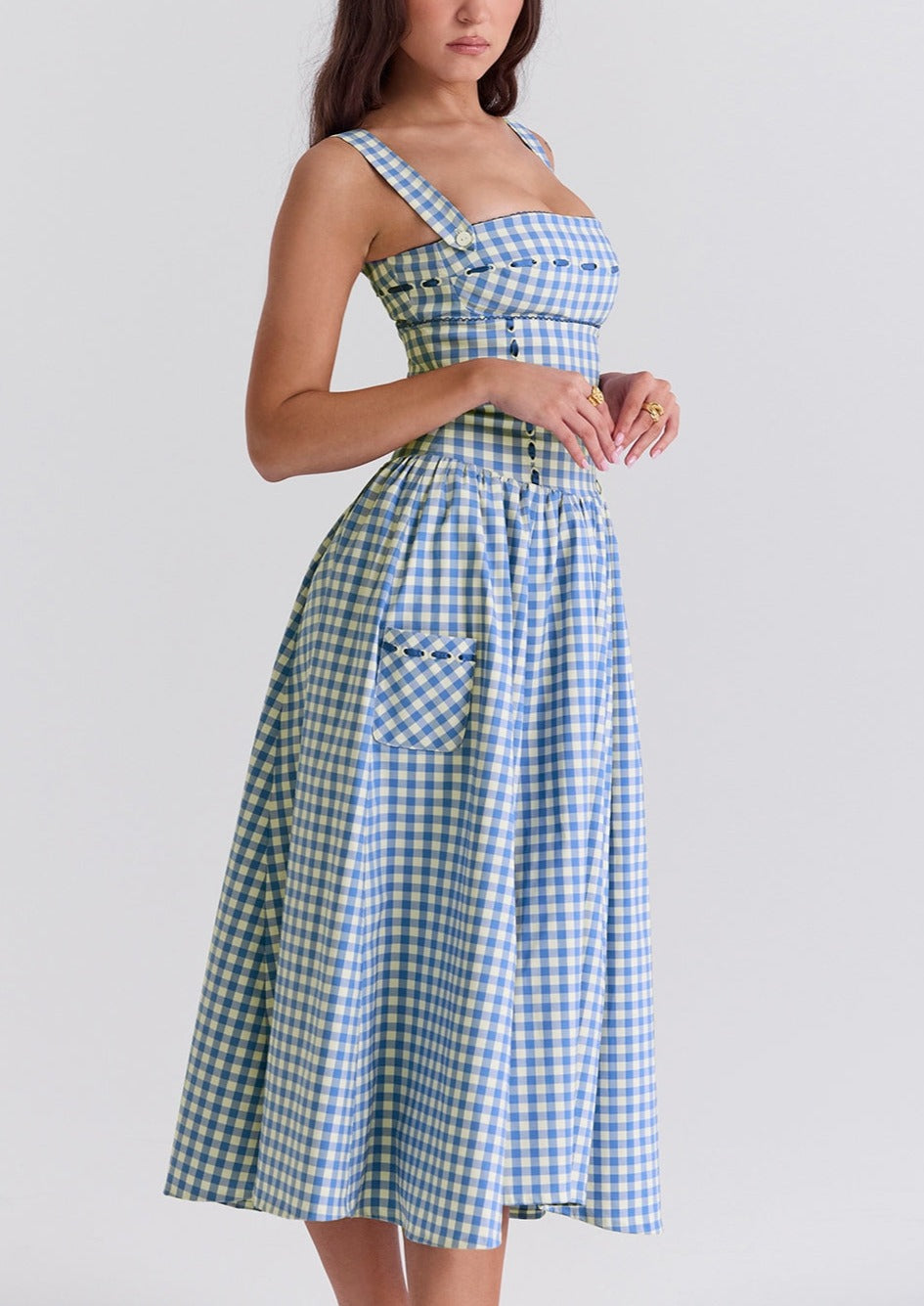 Vestido Gingham Mujer Escote Cuadrado Detalle Botones Estilo Clásico-83592-84b37b40-e669-40c7-8ae2-09f941cd3b0e