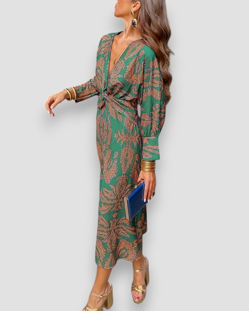 Mujer Vestido Estampado Manga Larga Escote Pico Nudo en Cintura Elegante-83293-8cde6ddb-c59a-4b0b-848a-d85cf5d35ecd