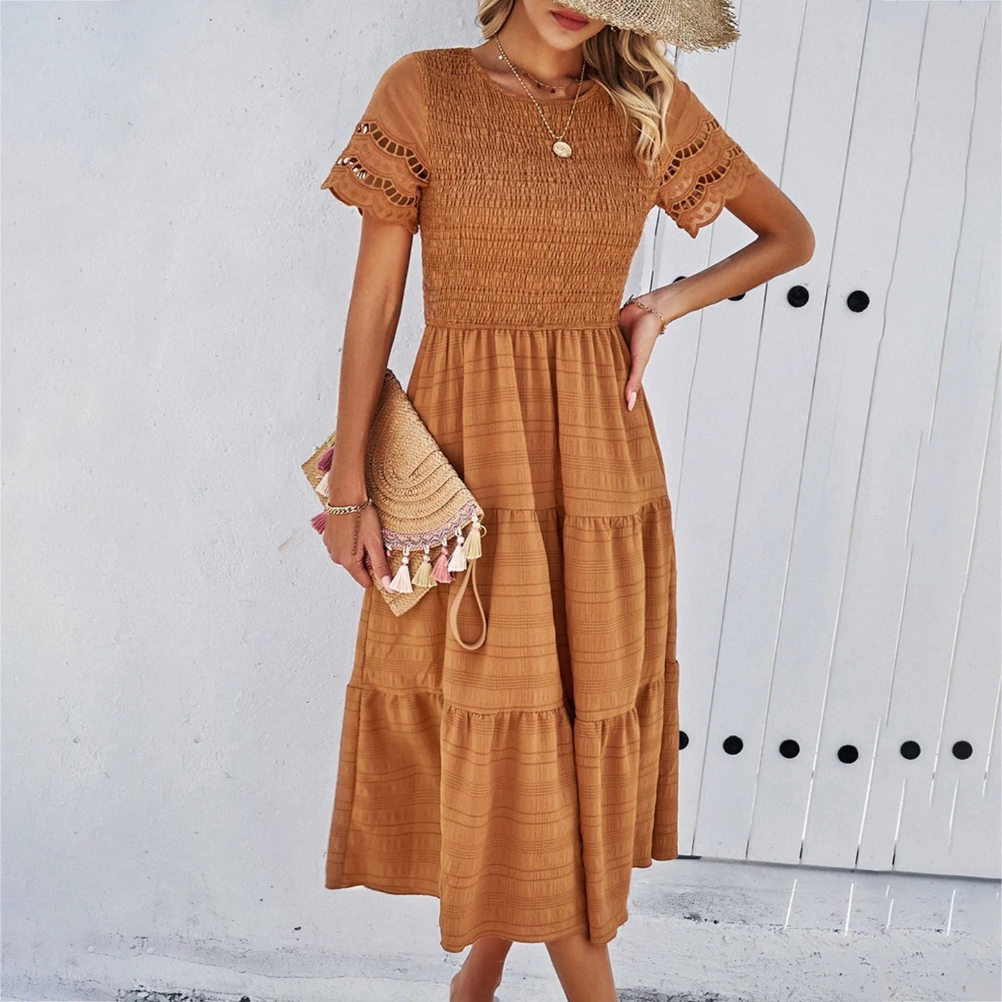 Vestido para Mujer – Smock, Falda Escalonada, Mangas Cortas Caladas, Cuello Redondo, Estilo Casual-81836-8d37f9fc-261e-44f4-a6d1-756b80dac6b3