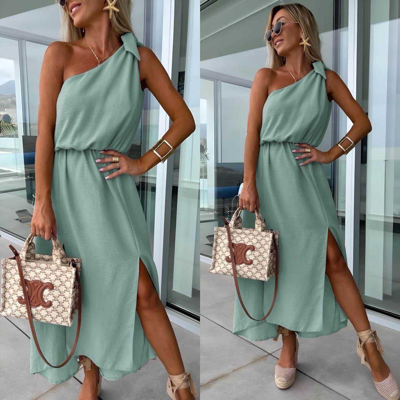 Vestido Asimétrico de Un Hombro para Mujer con Abertura Lateral y Lazo en Cintura-83342-927e1a47-ccab-4c97-9001-36a3610f621f