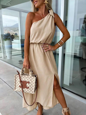 Vestido Asimétrico de Un Hombro para Mujer con Abertura Lateral y Lazo en Cintura-83342-947f2705-4bd7-4ca0-9a92-99f77353499c