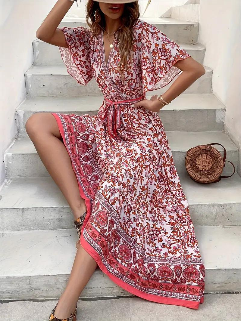 Maxi Vestido Floral Escote V Cintura Ajustable Diseño Fluido Mangas Cortas Estilo Bohemio Verano-82359-977732dd-4424-4f15-a1fb-9efdc651999a