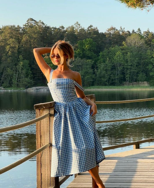 Vestido Gingham Mujer Escote Cuadrado Detalle Botones Estilo Clásico-83592-9940cf61-a6d3-46b7-80f1-1f40f9209755
