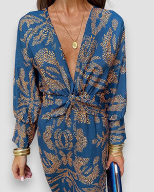 Mujer Vestido Estampado Manga Larga Escote Pico Nudo en Cintura Elegante-83293-9bbd0c1b-d296-49ad-8b72-dcf895a4ce8e