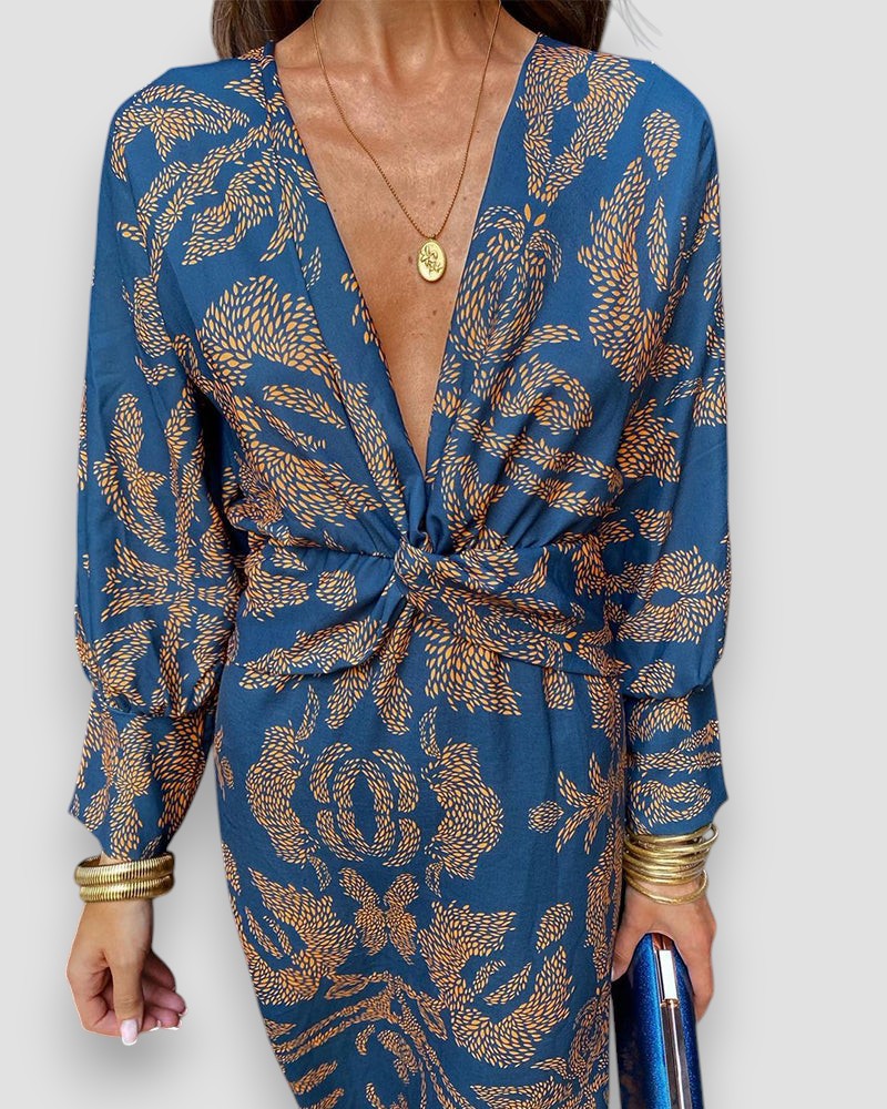 Mujer Vestido Estampado Manga Larga Escote Pico Nudo en Cintura Elegante-83293-9bbd0c1b-d296-49ad-8b72-dcf895a4ce8e