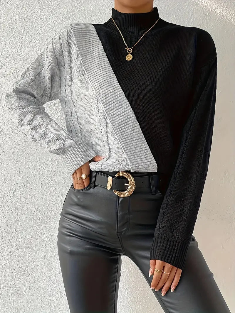 Jersey de Mujer Cuello Alto Bloques de Color Punto Trenzado Moderno-54586-1de2af94-c89d-4057-9082-9007e22d5d9f