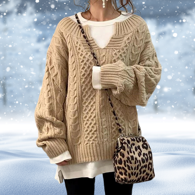 Suéter de Mujer – Punto Trenzado Grueso, Escote V, Manga Larga, Estilo Clásico-53262-efad0271-ea68-485c-995b-a6149e839b07