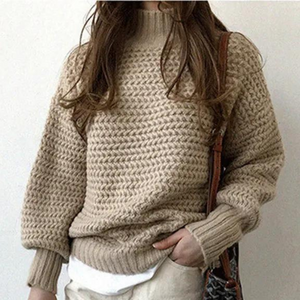 Women's Sweater – High Turtleneck, Chunky Knit, Oversized Sleeves, Off-White-54883-58562561605962