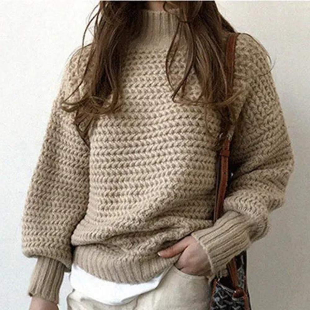 Women's Sweater – High Turtleneck, Chunky Knit, Oversized Sleeves, Off-White-54883-58562561605962