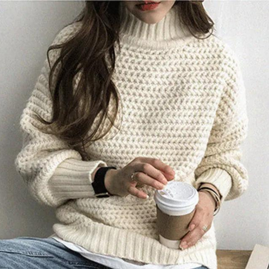 Women's Sweater – High Turtleneck, Chunky Knit, Oversized Sleeves, Off-White-54883-58562561016138