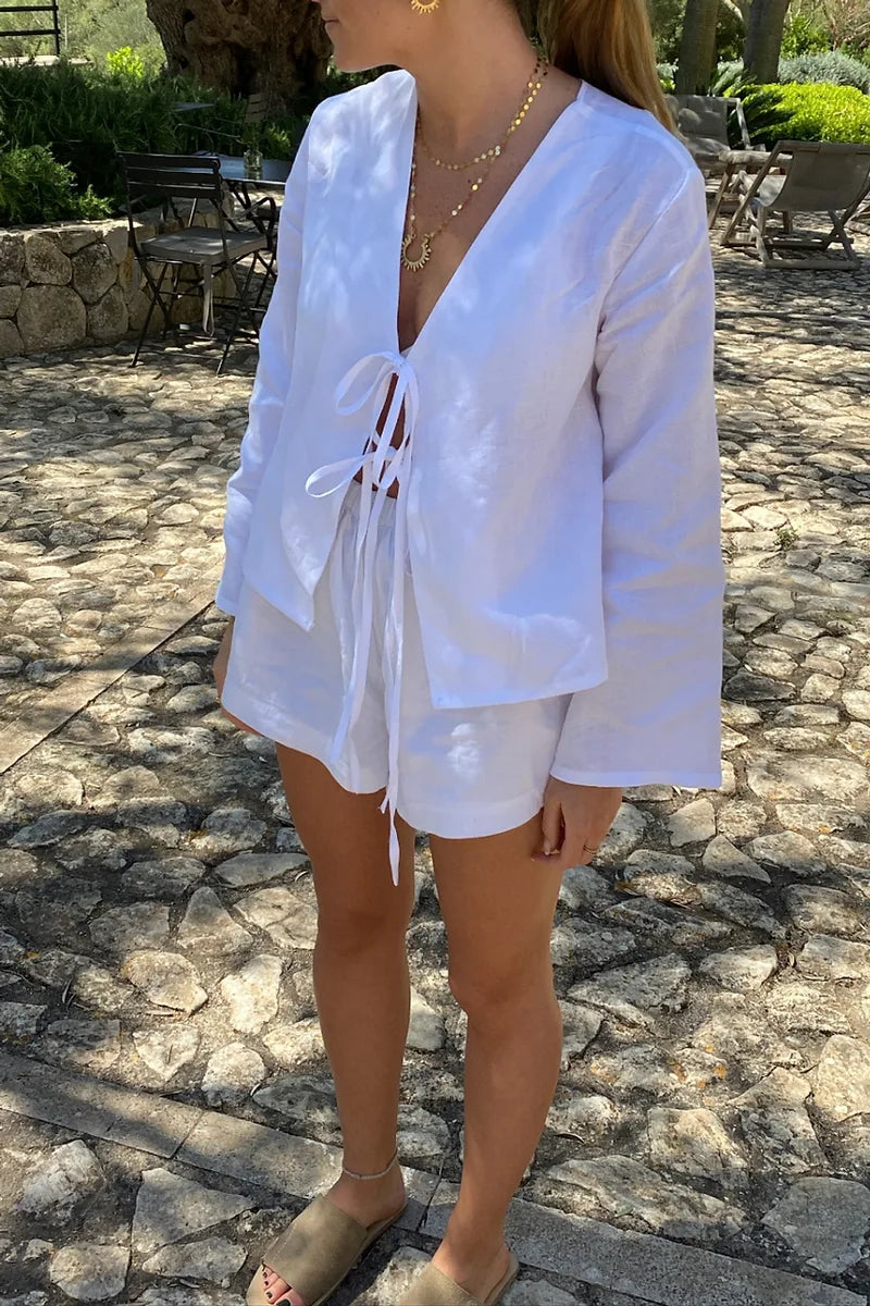 Mujer Conjunto Dos Piezas Lino Ligero Top Manga Larga Lazada Shorts Elástico-83296-a10f04bf-769e-4a13-b329-81119069d0ce
