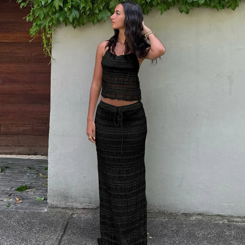 Conjunto de Dos Piezas Mujer – Top Halter Texturizado y Falda Midi Fruncida con Cordón, Vela Official-83709-a323052d-3b6e-4a62-8c6e-5b1b55529f16
