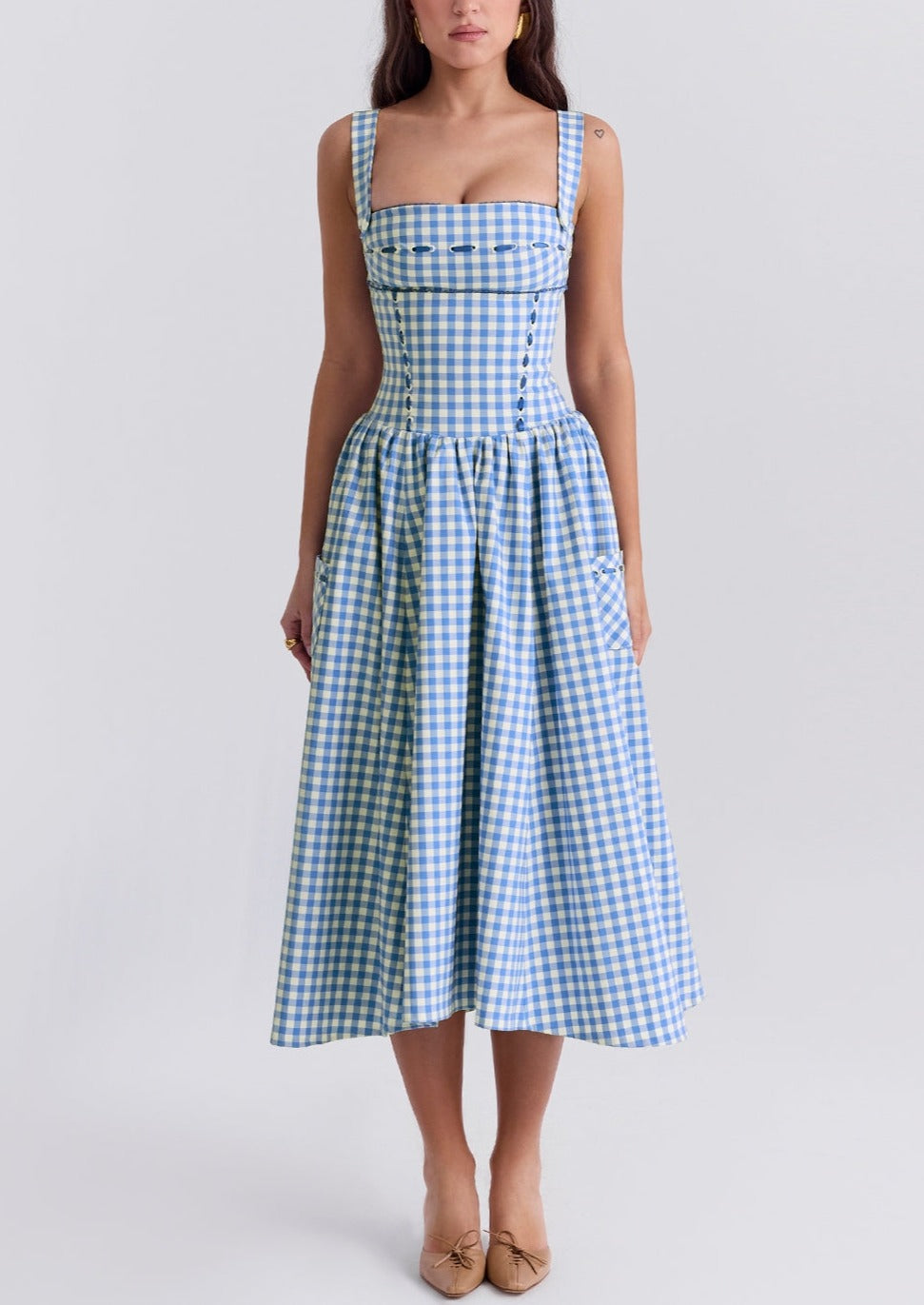 Vestido Gingham Mujer Escote Cuadrado Detalle Botones Estilo Clásico-83592-ab2e9f93-3668-4e03-970a-c69268dabf41