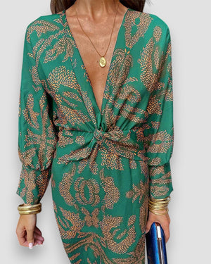Mujer Vestido Estampado Manga Larga Escote Pico Nudo en Cintura Elegante-83293-b01ba749-82c4-4798-901e-ca2efd451512