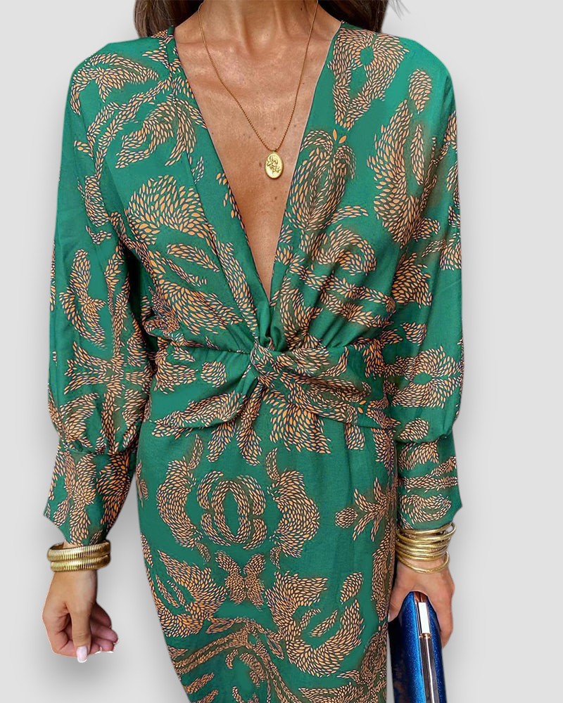 Mujer Vestido Estampado Manga Larga Escote Pico Nudo en Cintura Elegante-83293-b01ba749-82c4-4798-901e-ca2efd451512