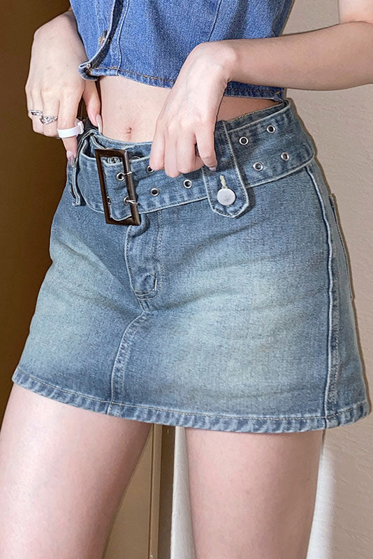Minifalda Denim A-Line con Cintura Detallada