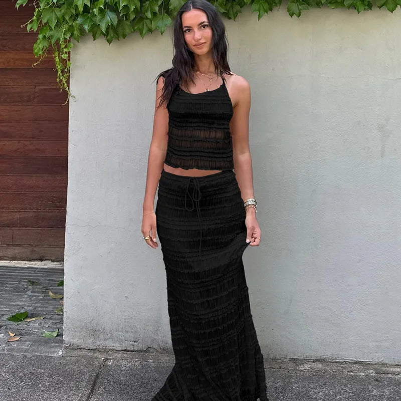 Conjunto de Dos Piezas Mujer – Top Halter Texturizado y Falda Midi Fruncida con Cordón, Vela Official-83709-bbc5e846-efdd-4287-be43-52a4d96062fa