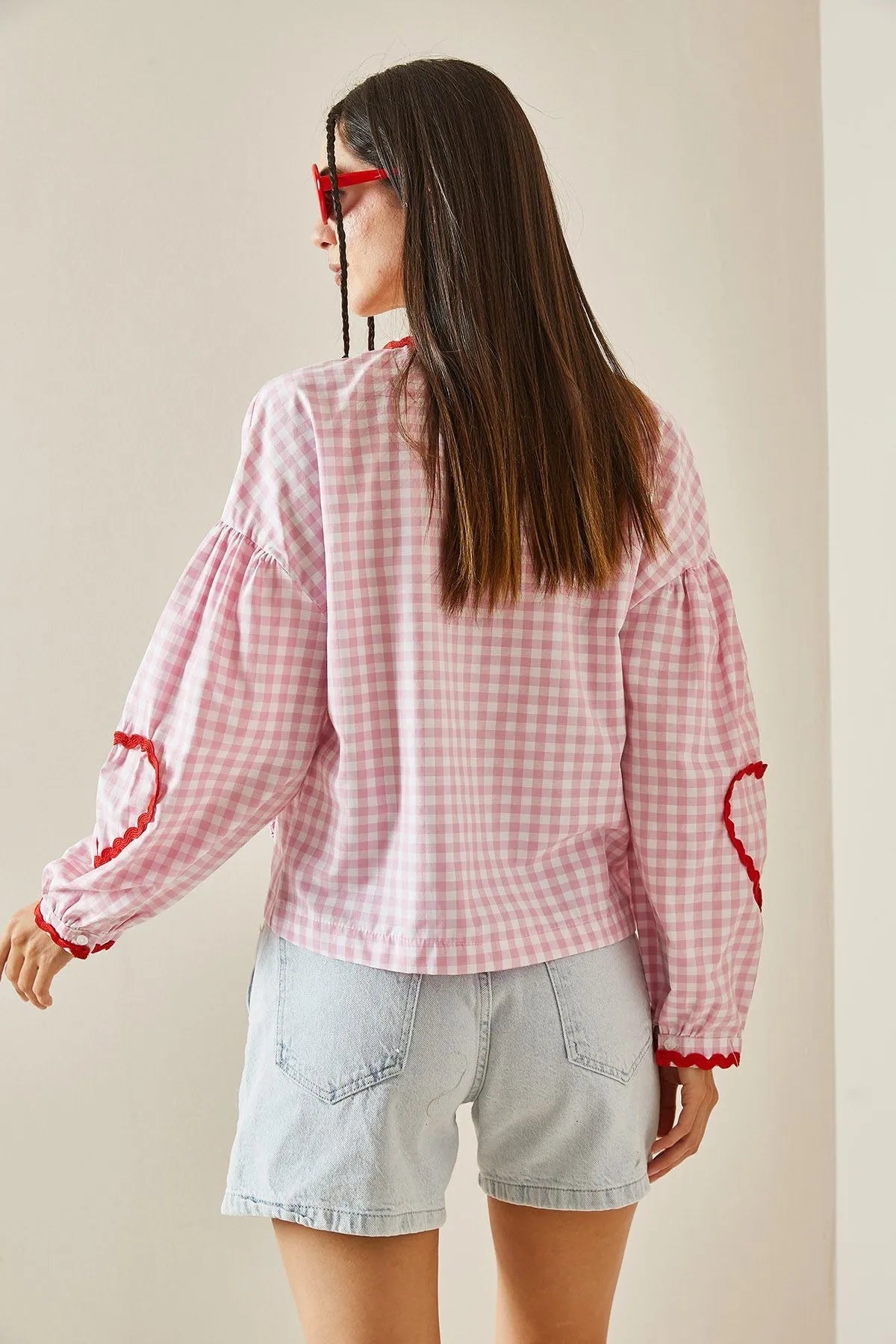 Blusa Gingham Mujer con Bolsillos Corazón, Ribete Rojo, Lazo Delantero-83307-c141191d-e511-4ed7-8407-39d19ba738ce