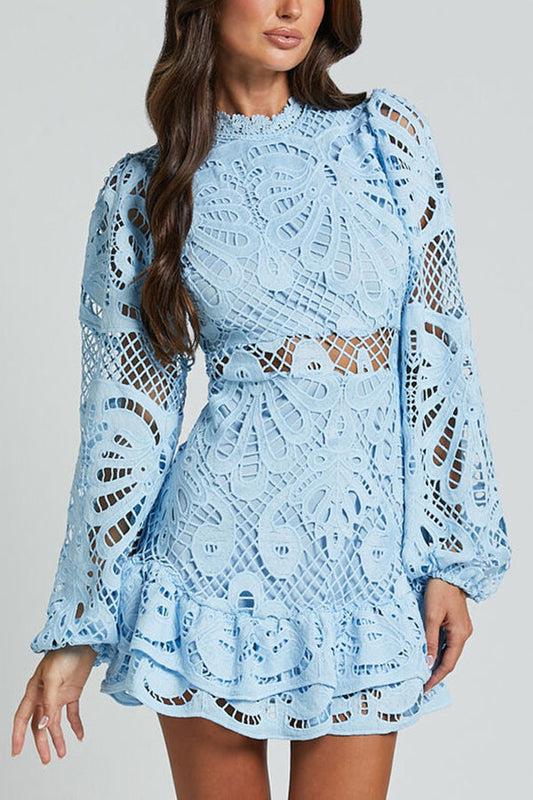 Vestido de Mujer de Encaje con Manga Larga, Detalle Cut-Out y Bajo con Volantes Elegante - Vela Official-83325-c9e3c975-ed42-44b9-ada8-17a42ccb9c6b