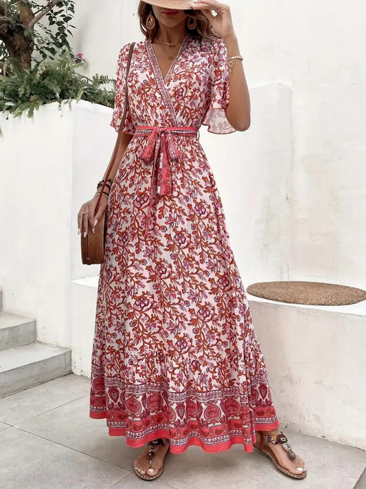 Maxi Vestido Floral Escote V Cintura Ajustable Diseño Fluido Mangas Cortas Estilo Bohemio Verano-82359-cbf45d40-b9b3-4268-9aa5-1d443d8c88f8