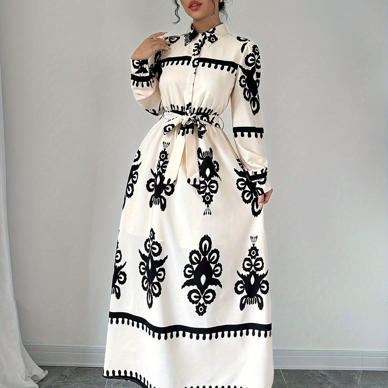Vestido Largo Estampado para Mujer con Lazo y Manga Larga, Vela Official-83357-cca2658a-bacc-462b-ae38-4f5262d68b7a