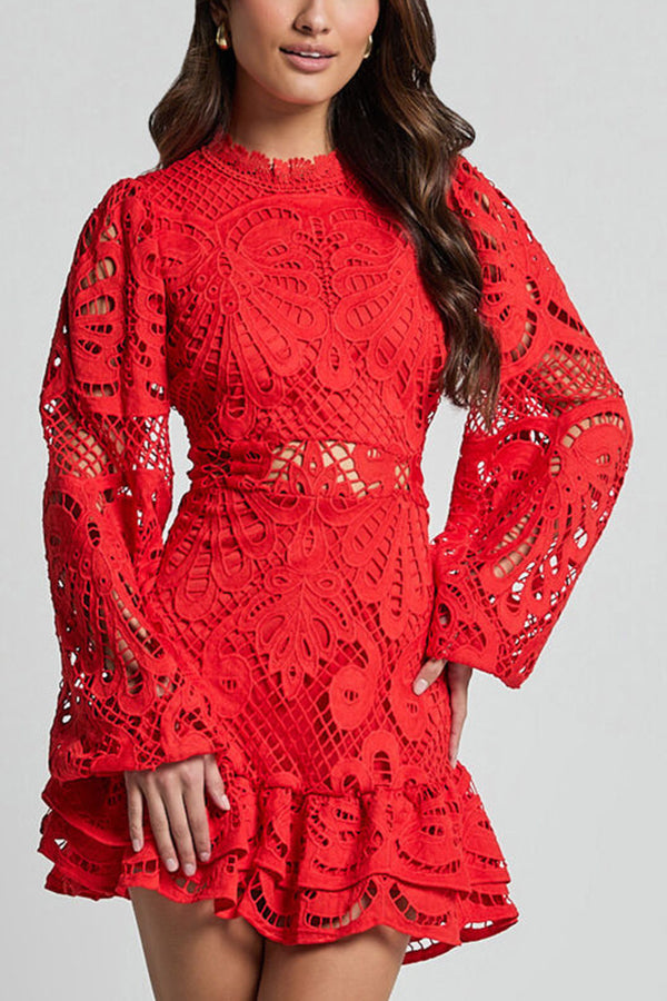 Vestido de Mujer de Encaje con Manga Larga, Detalle Cut-Out y Bajo con Volantes Elegante - Vela Official-83325-d1845d74-e921-4319-9ab2-b287cf2ea0be