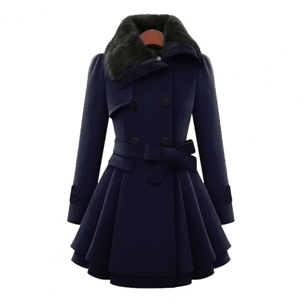 Abrigo de Mujer Doble Botonadura con Cuello de Piel Sintética, Cinturón y Falda Acampanada, Estilo Clásico Elegante-82347-d3a8113f-99a9-4977-8437-6e8abedad80e