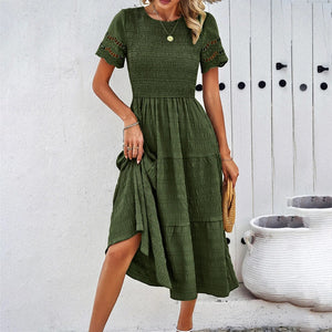 Vestido para Mujer – Smock, Falda Escalonada, Mangas Cortas Caladas, Cuello Redondo, Estilo Casual-81836-d66e1171-4d59-4fc1-8d4e-6d22a96822b0