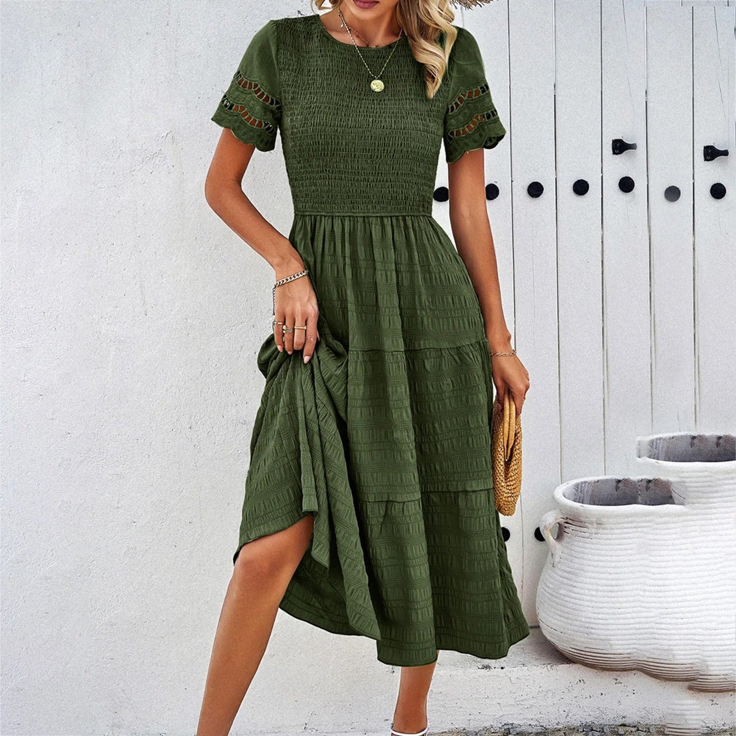 Vestido para Mujer – Smock, Falda Escalonada, Mangas Cortas Caladas, Cuello Redondo, Estilo Casual-81836-d66e1171-4d59-4fc1-8d4e-6d22a96822b0