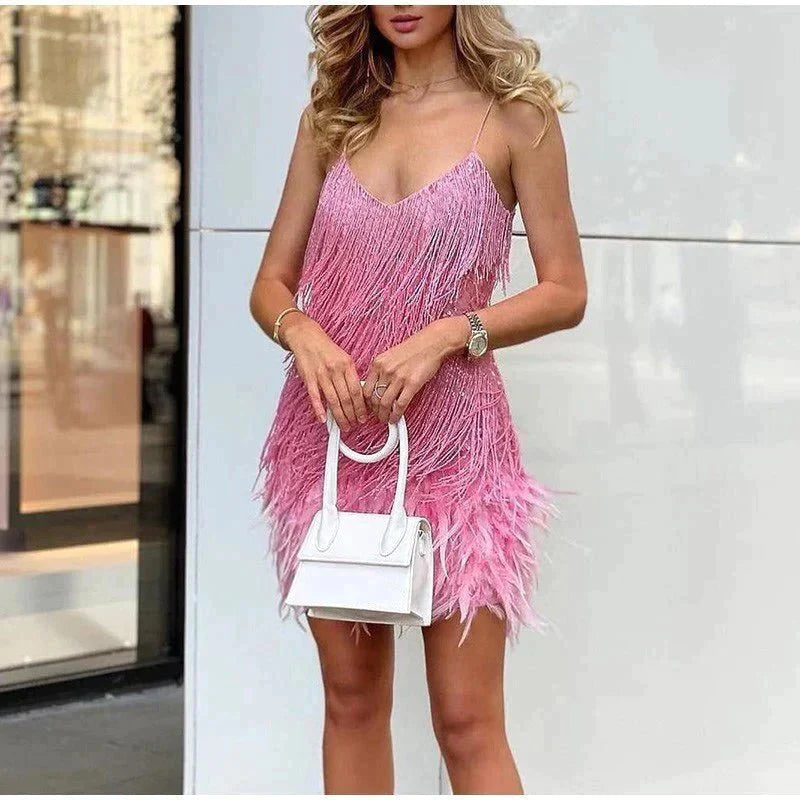 Vestido Mini Mujer – Flecos, Plumas, Tirantes Finos, Estilo Fiesta-83329-dfa02ad5-6699-410b-bddc-4e8290b37919
