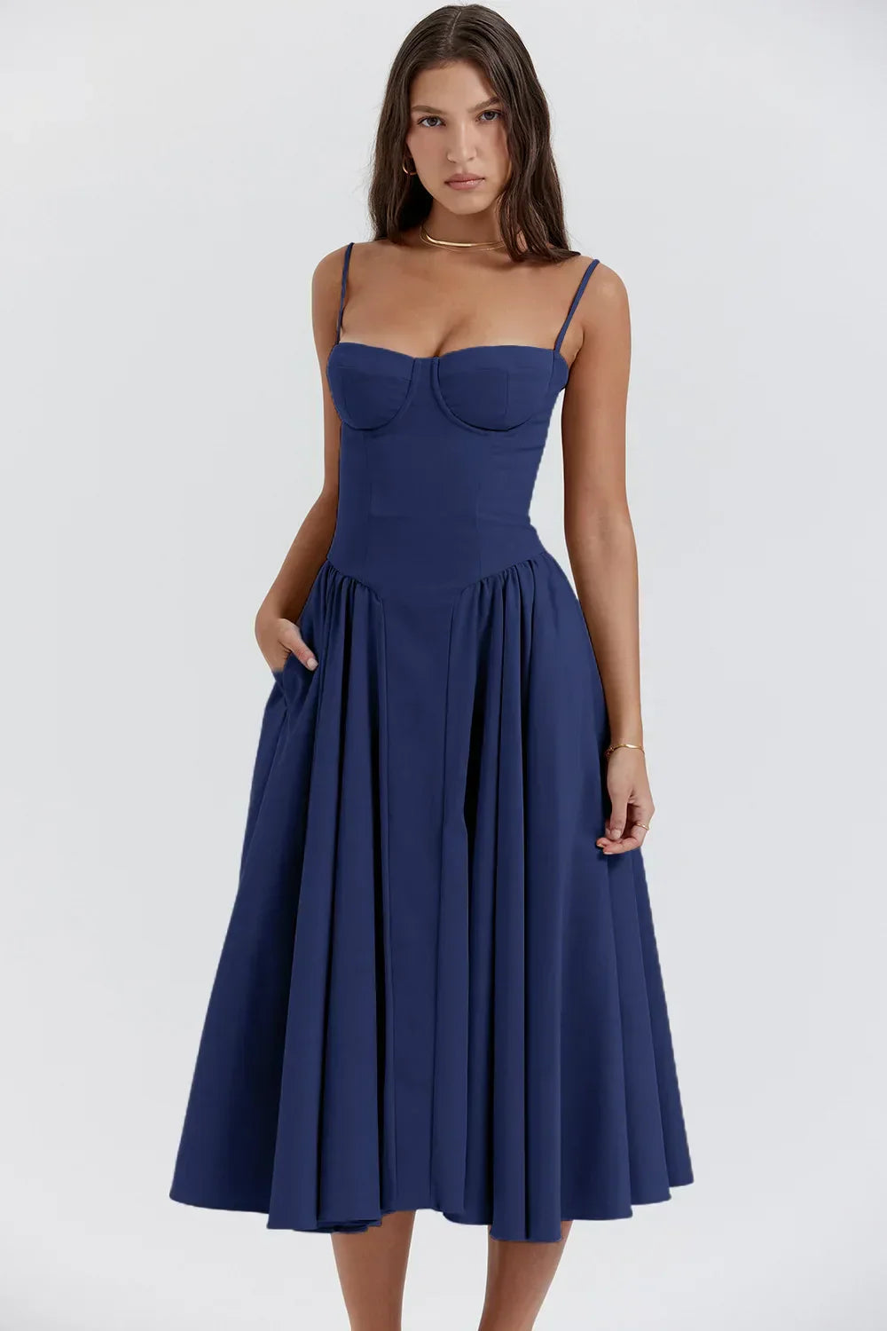 Vestido Midi para Mujer – Tirantes Finos, Corpiño Estructurado, Falda Plisada, con Bolsillos-83506-dfd19c07-65b1-4957-b2ac-a283e9d90316