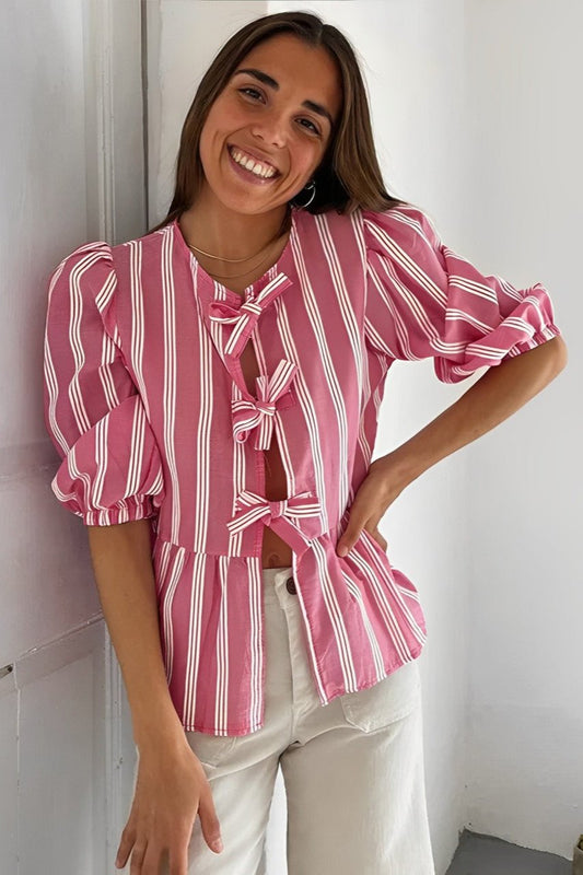 Vela Official Blusa de Mujer Rayas Rosas y Blancas con Lazos, Manga Corta-83300-dfee227f-12fe-4beb-9804-bbb1bcfd82fe