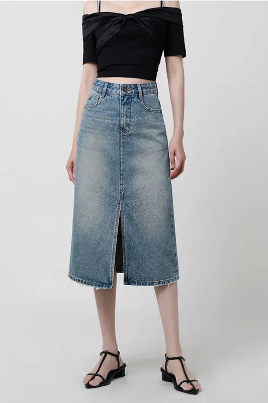 Falda Denim Midi con Abertura Frontal