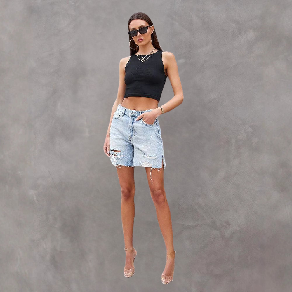 Shorts Vaqueros de Mujer – Distressed con Aberturas Laterales, Corte Moderno-83378-f1ab7d81-d508-454a-9c83-70c32e842cab