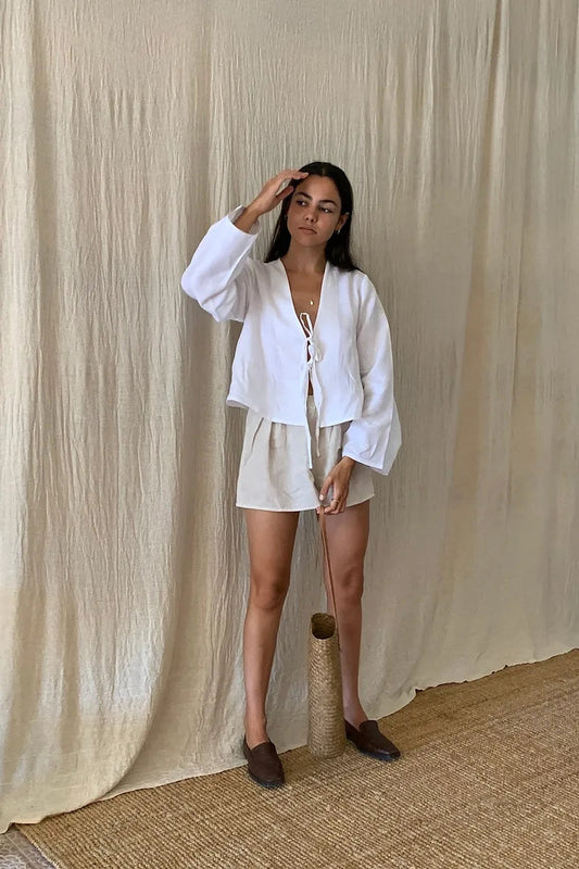 Mujer Conjunto Dos Piezas Lino Ligero Top Manga Larga Lazada Shorts Elástico-83296-fe80db45-ee7c-4e68-ba50-552863efcbac