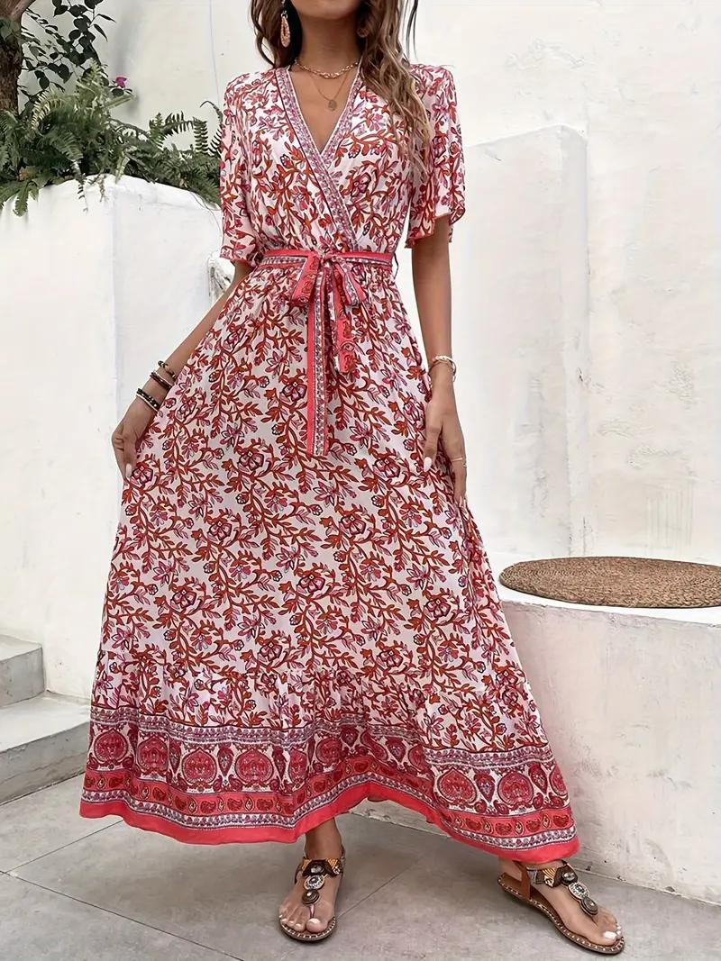 Maxi Vestido Floral Escote V Cintura Ajustable Diseño Fluido Mangas Cortas Estilo Bohemio Verano-82359-ff2d5e0e-9334-4ee9-8381-9531a359b2ac